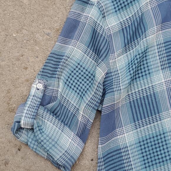Band of Gypsies sheer plaid roll tab button up shirt green blue gray XS - Picture 3 of 6